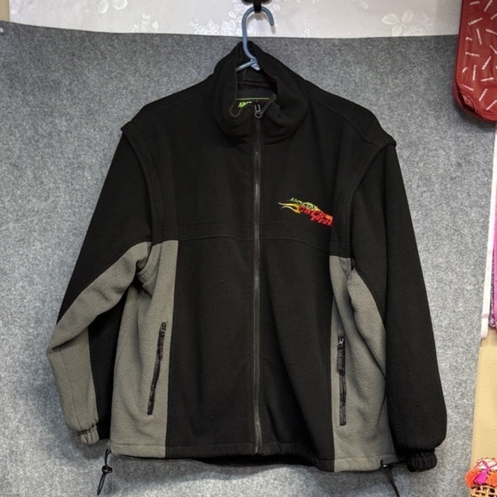 Arctic Cat Arcticwear blk grey fleece removable sleeve zip up jacket coat S